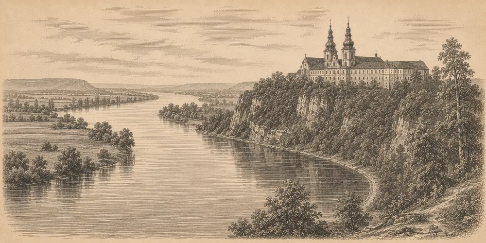 Stahlstich einer für das Flusssystem Donau typischen Landschaft