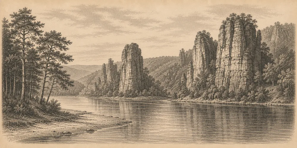 Stahlstich einer für das Flusssystem Elbe typischen Landschaft
