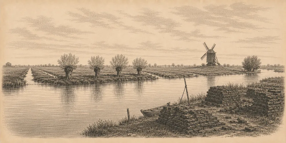 Stahlstich einer für das Flusssystem Ems typischen Landschaft