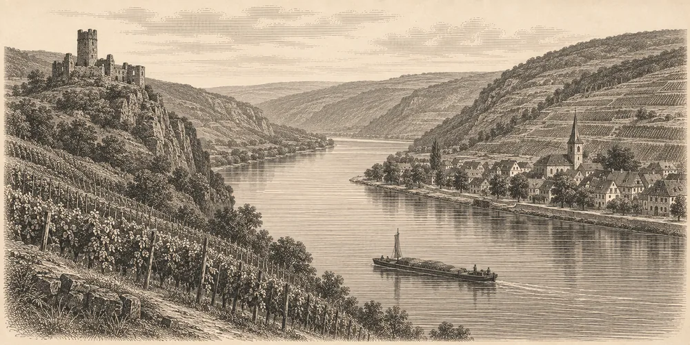 Stahlstich einer für das Flusssystem Rhein typischen Landschaft
