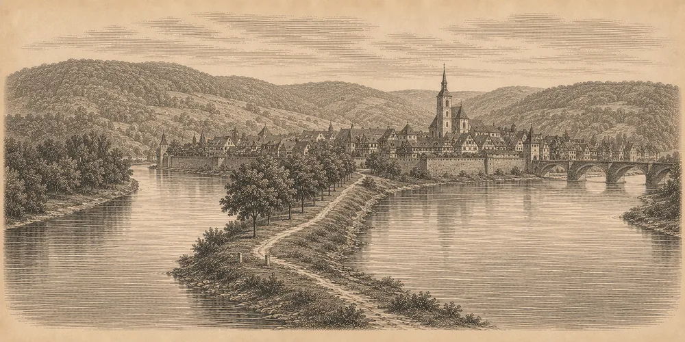 Stahlstich einer für das Flusssystem Weser typischen Landschaft