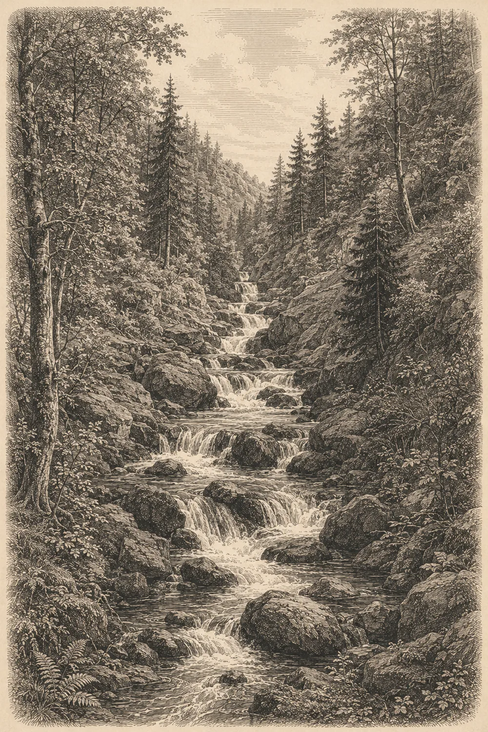 Stahlstich eines steilen Gebirgsbachs