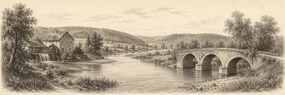 Stahlstich eines Flusstals mit Steinbogenbrücke und Wassermühle
