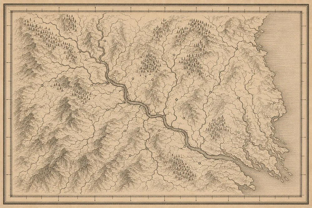 Gestochene Kartentafel eines Flusssystems