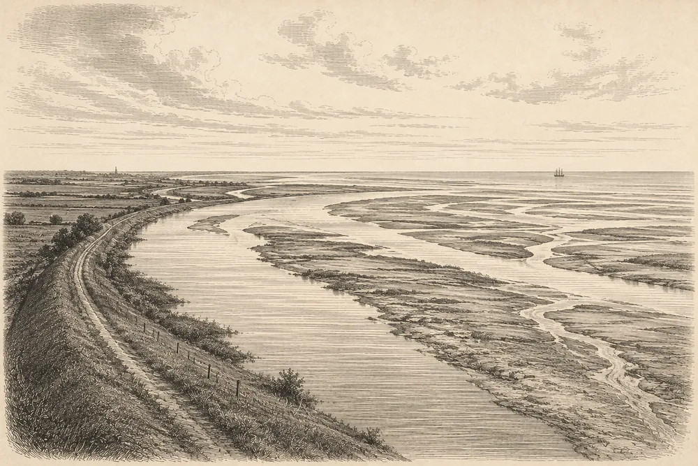 Stahlstich einer Trichtermündung ins Meer