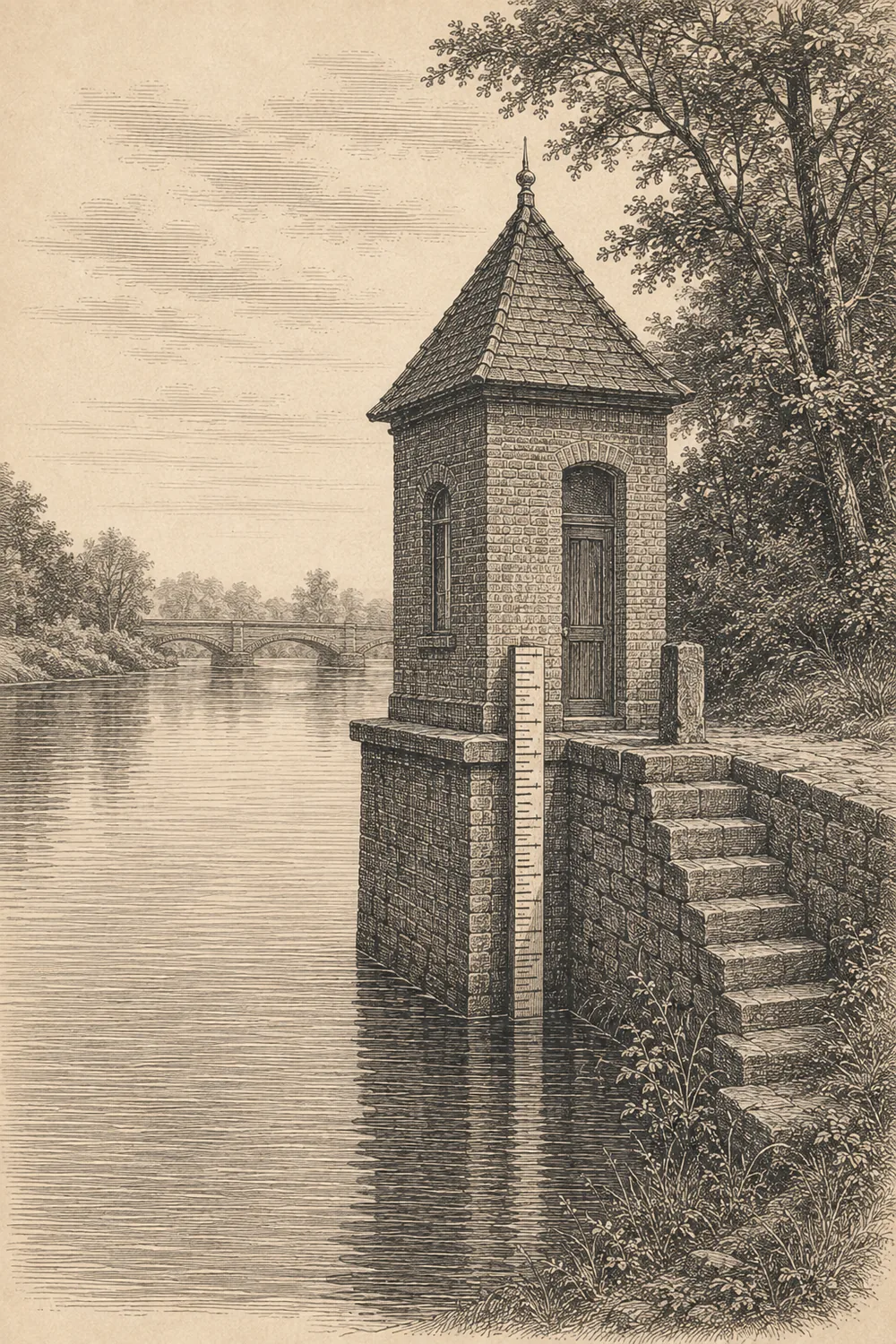 Stahlstich eines Pegelhauses mit Messlatte